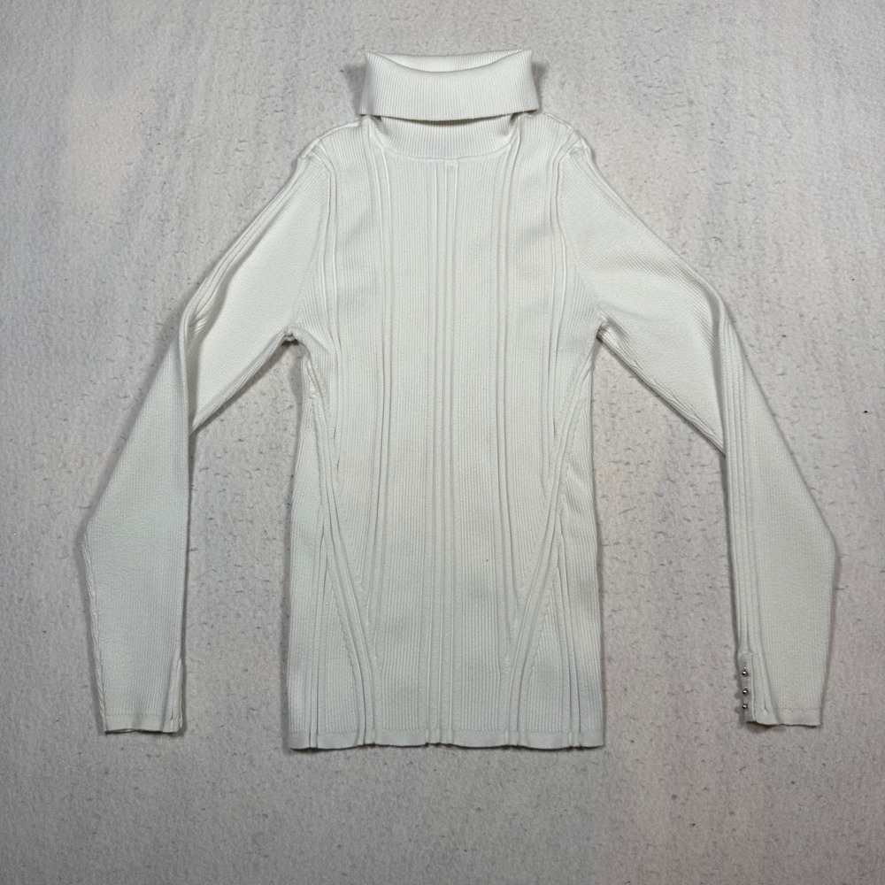 White House Black Market Ribbed Turtleneck Sweater White Silver Button Cuff L